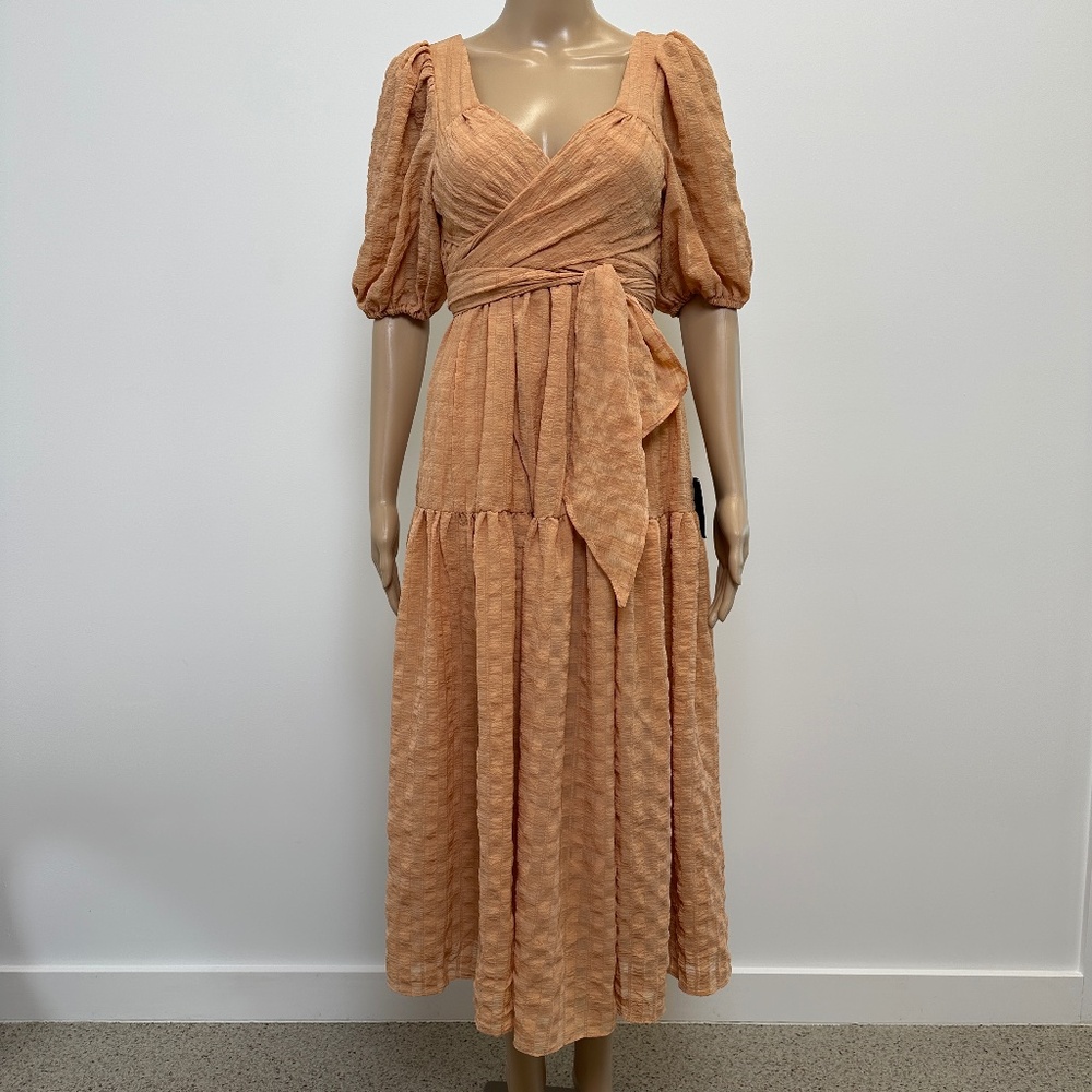 Hello Sweetheart Peach Puff Sleeve Tiered Midi Dress